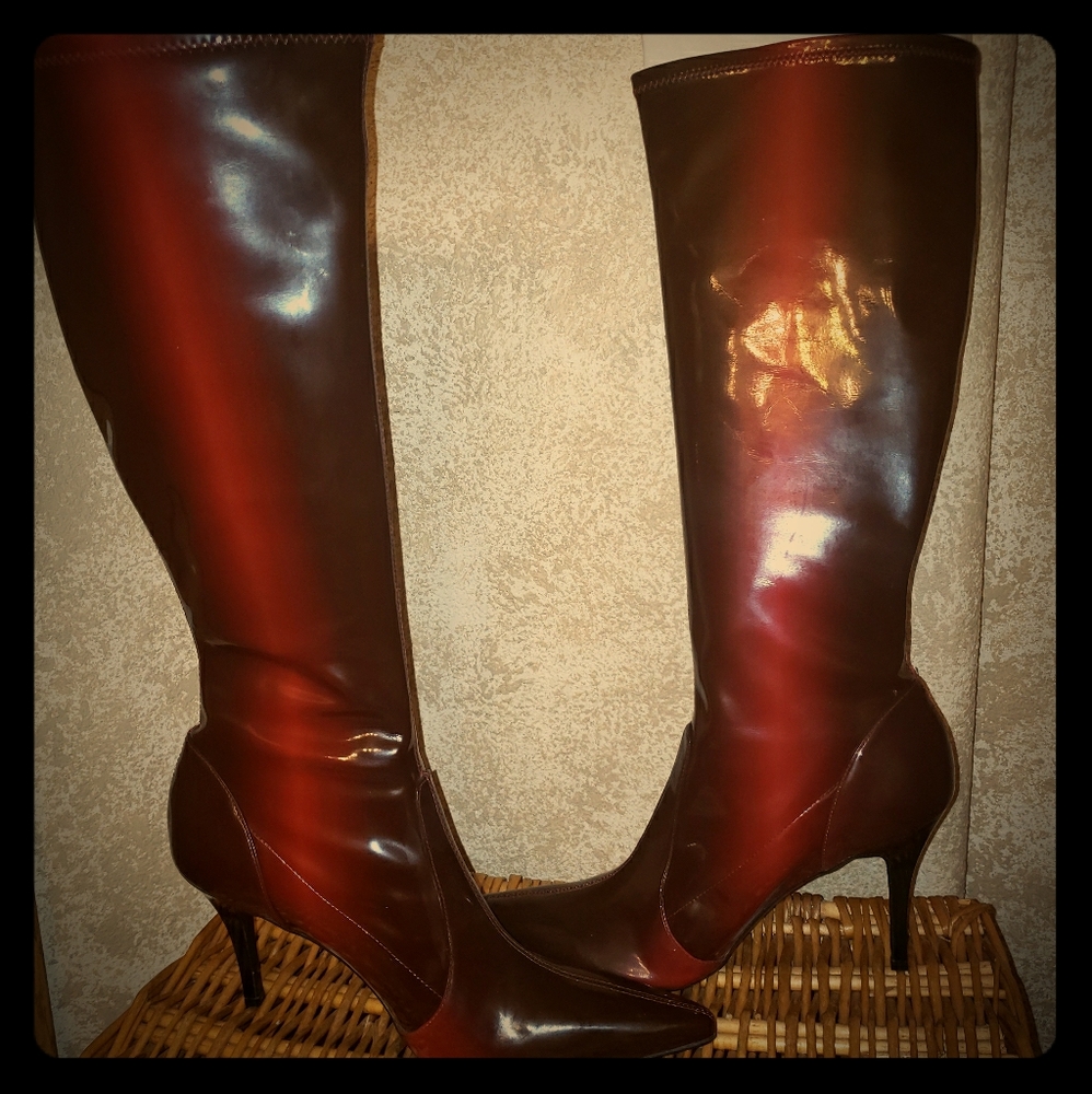 Red and black ombre knee high heeled boots